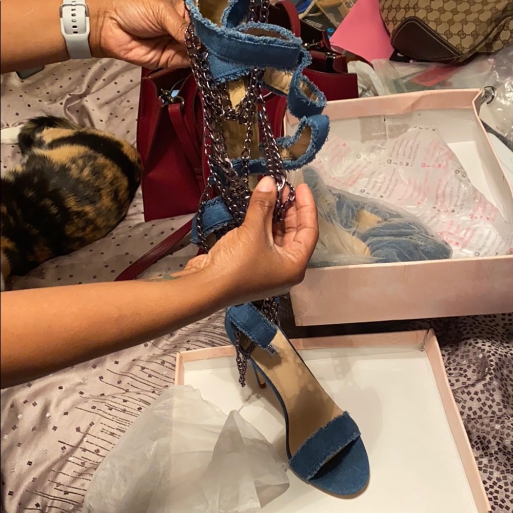 Denim knee high boots w/chains